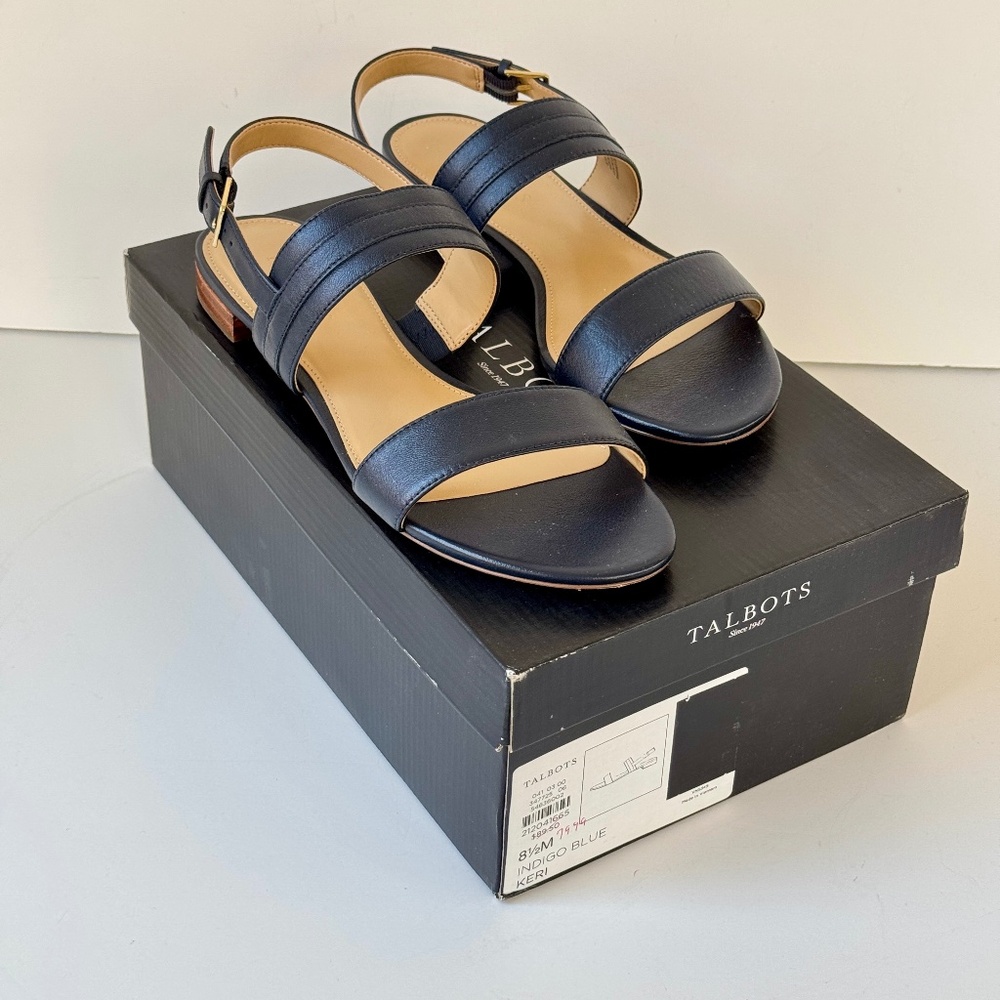 Talbots "Keri" Indigo Navy Blue Leather Sandals - Size 8.5 M - Mint Cond w/ Box